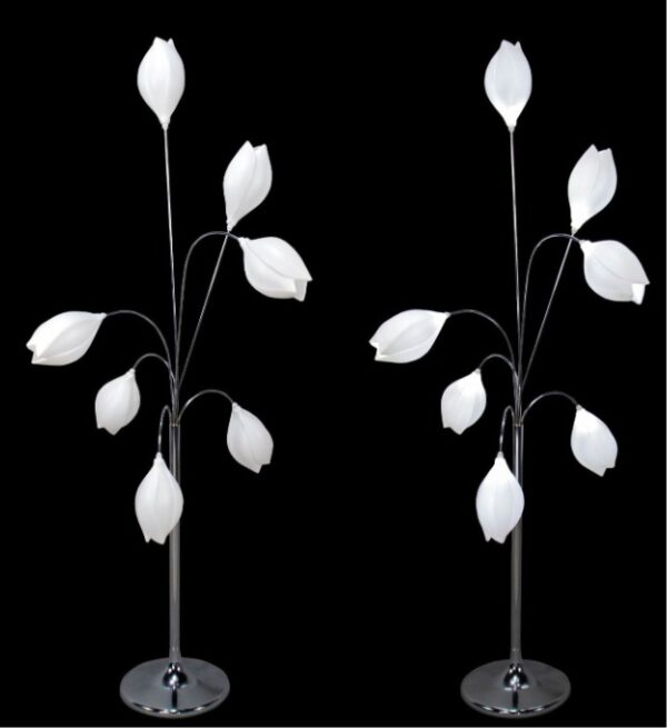 Tulip-Shaped LED Floor Lamp with Chrome Base Featuring Soft White Lighting on a Black Background