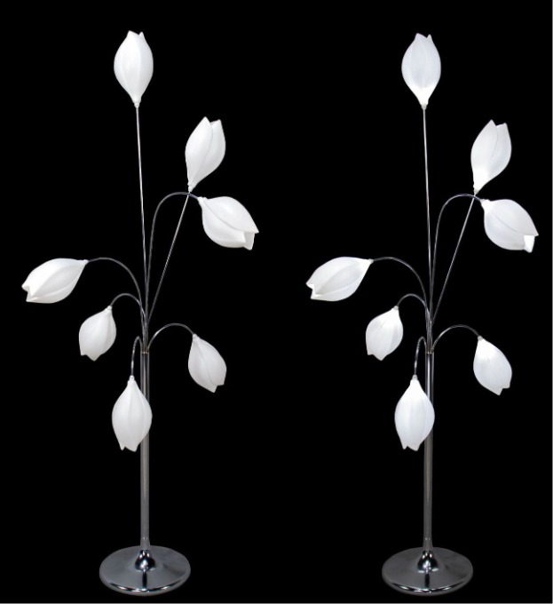 Tulip-Shaped LED Floor Lamp with Chrome Base Featuring Soft White Lighting on a Black Background