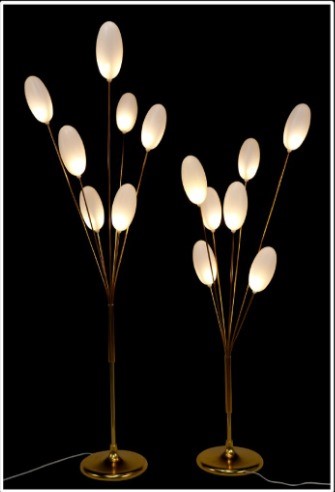 Modern LED floor lamp with a golden base and oval-shaped white LED lights on curved stems, shown in both warm and cool white lighting modes against a black background