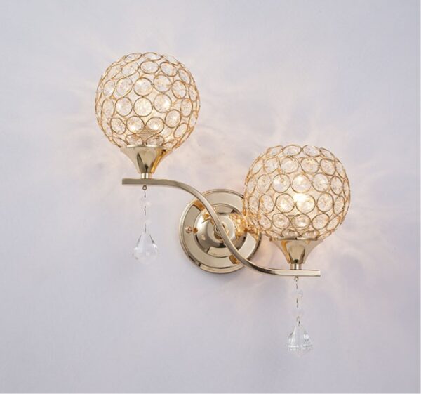 Luxury dual globe crystal wall sconces with gold finish, 35x35 cm, direct wall mounted 230V decorative light