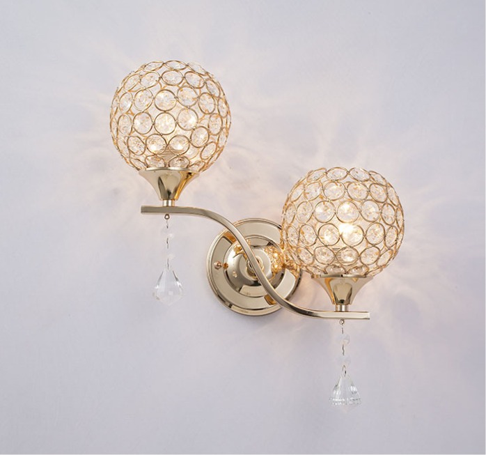 Luxury dual globe crystal wall sconces with gold finish, 35x35 cm, direct wall mounted 230V decorative light