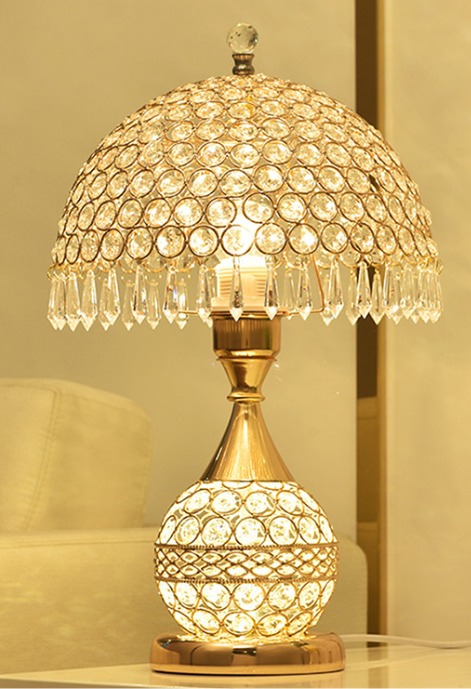 Elegant 45cm tall crystal table lamp with dome-shaped crystal shade, hanging crystal drops, 25cm width and 10cm gold base