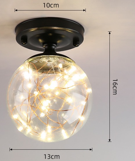 Modern ceiling-mounted LED light with clear glass globe and copper wire LEDs, 16x13 cm size, black metal base (10 cm)