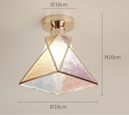 Colorful glass pyramid ceiling light with golden frame and geometric design