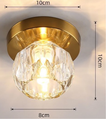 Gold flush mount ceiling light with faceted crystal glass shade and 10cm base