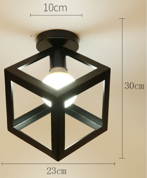 Black geometric cube ceiling light with open metal frame and exposed bulb design
