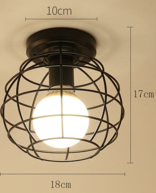 Round cage-style ceiling light with exposed bulb and industrial black finish