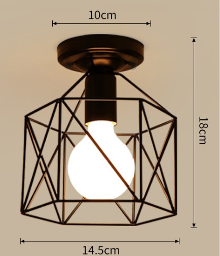 Square black metal cage ceiling light with bulb, industrial flush mount fixture
