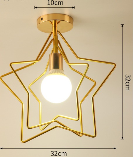 Star-shaped golden metal ceiling light with exposed bulb, decorative flush mount fixture
