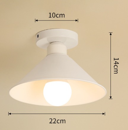 White cone-shaped metal ceiling light with bulb, minimalist flush mount fixture