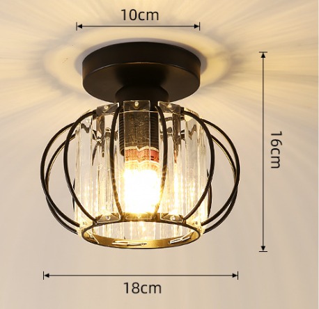 Industrial-style black cage ceiling light with crystal glass panels and warm glowing bulb